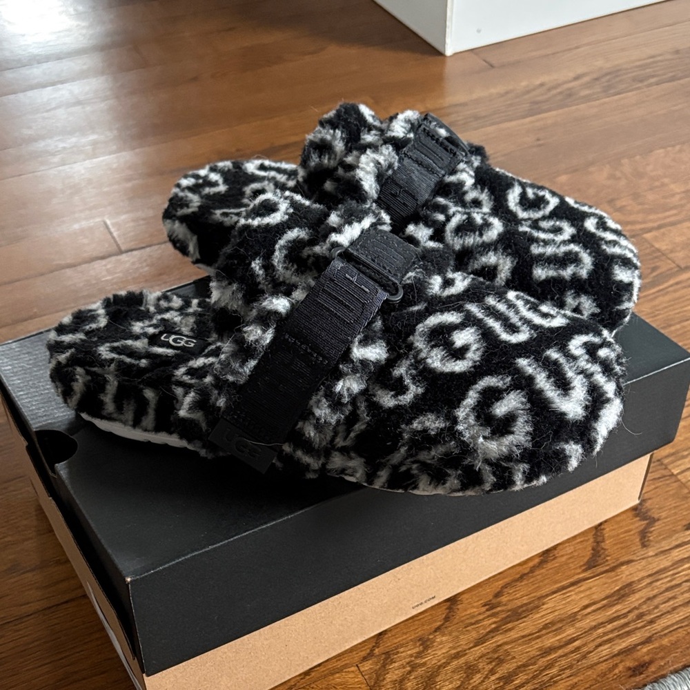 UGG Black & White Fuzzy Logo Slide Slippers